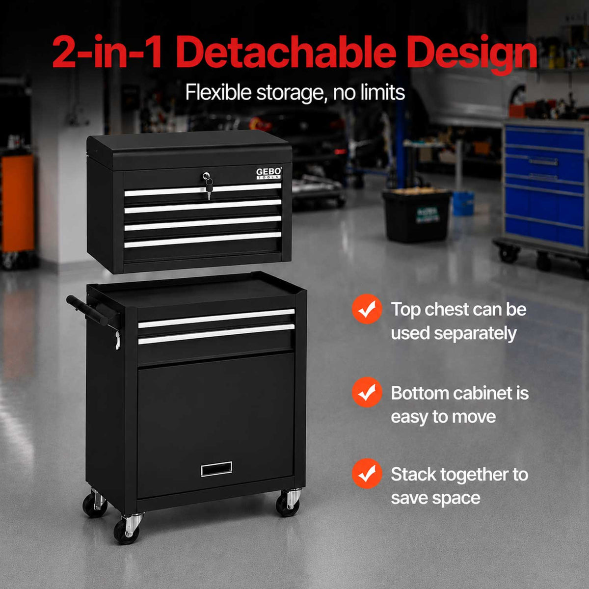 Armadio metallico senza attrezzi a 2 pezzi,con 6 cassetti a ripiano rimovibile ,carrello portautensili , cassetta portattrezzi mobile,nero, Gebo Tools