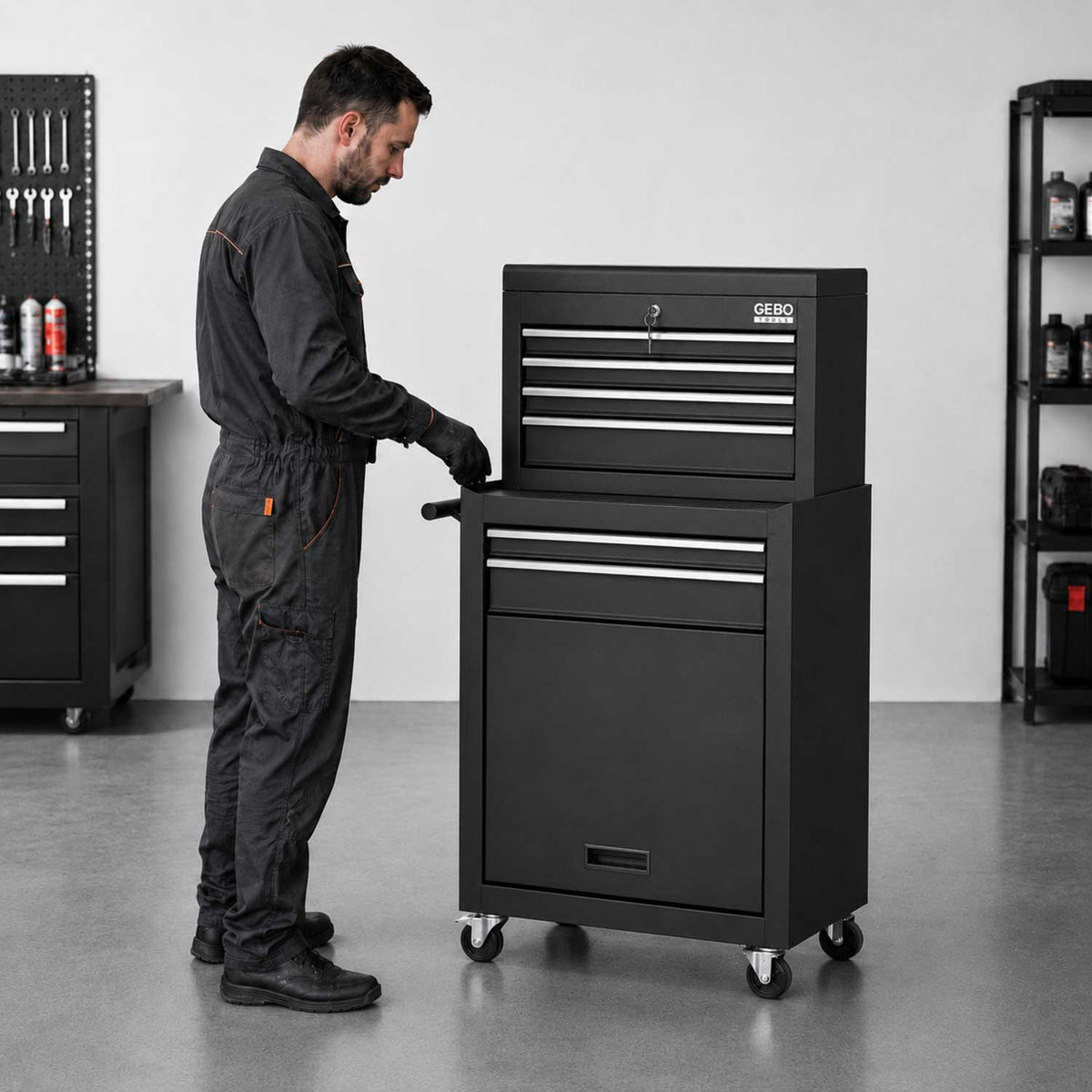Armadio metallico senza attrezzi a 2 pezzi,con 6 cassetti a ripiano rimovibile ,carrello portautensili , cassetta portattrezzi mobile,nero, Gebo Tools