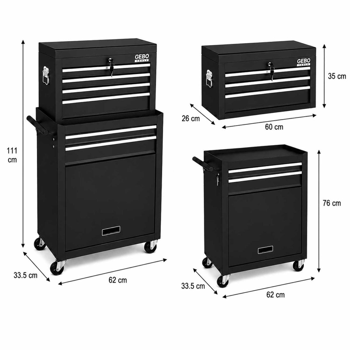 Armadio metallico senza attrezzi a 2 pezzi,con 6 cassetti a ripiano rimovibile ,carrello portautensili , cassetta portattrezzi mobile,nero, Gebo Tools