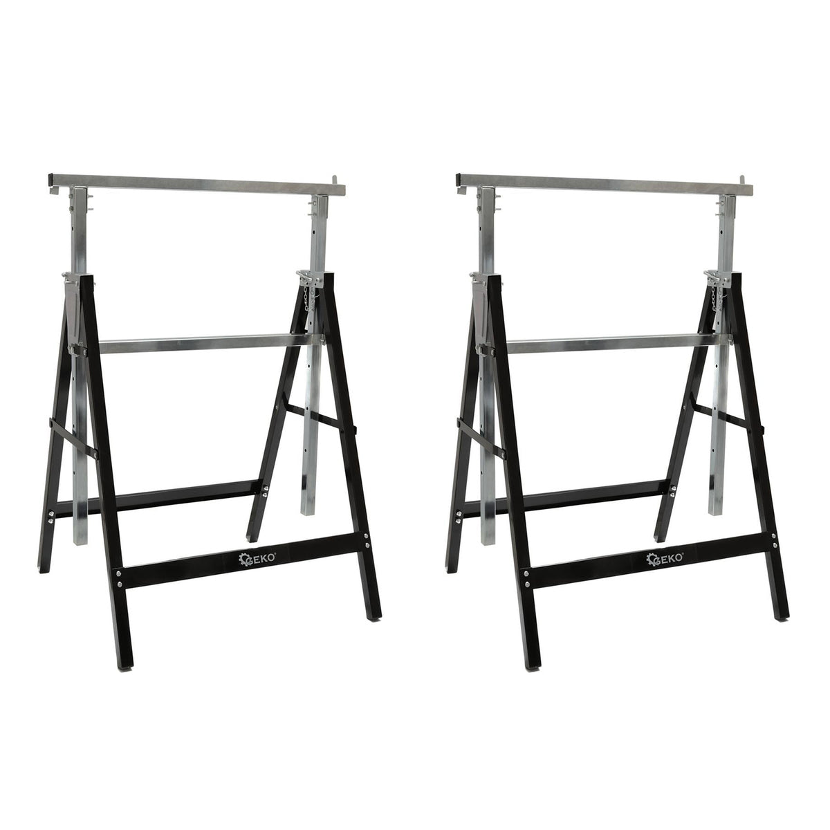 Set-kit  2 cavalletti da lavoro telescopici in acciaio, pieghevoli, altezza regolabile 80–130 cm, salvaspazio per fai da te, garage, giardino, taglialegna, cantiere, Geko