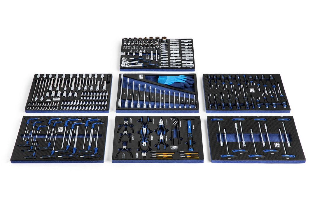 Carrello completo di attrezzi professionale Hbm,set 262 pezzi con 7 cassetti 6 scomparti e ruote da officina Carbon premium Olanda