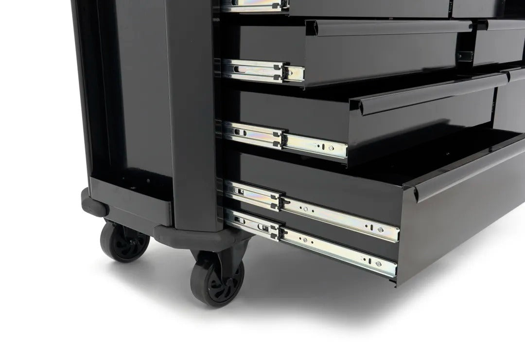 Carrello portautensili metallico professionale officina con 10 cassetti e ruote-mobile 147 cm con piano di lavoro in legno massiccio HBM Olanda