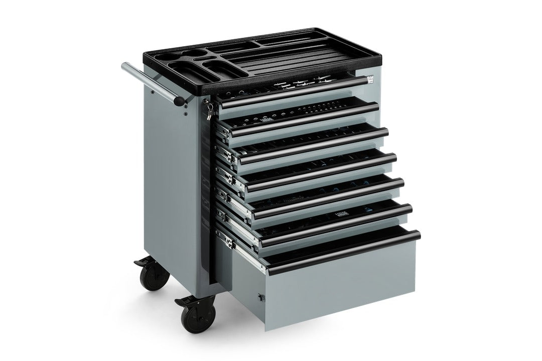 Carrello completo di attrezzi professionale Hbm,set 262 pezzi con 7 cassetti 6 scomparti e ruote da officina Carbon premium Olanda