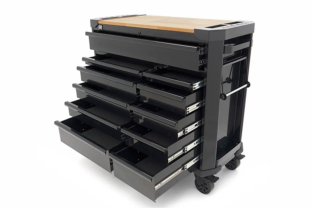 Carrello portautensili metallico professionale officina con 11 cassetti e ruote-mobile 109 cm con piano di lavoro in legno massiccio HBM Machines