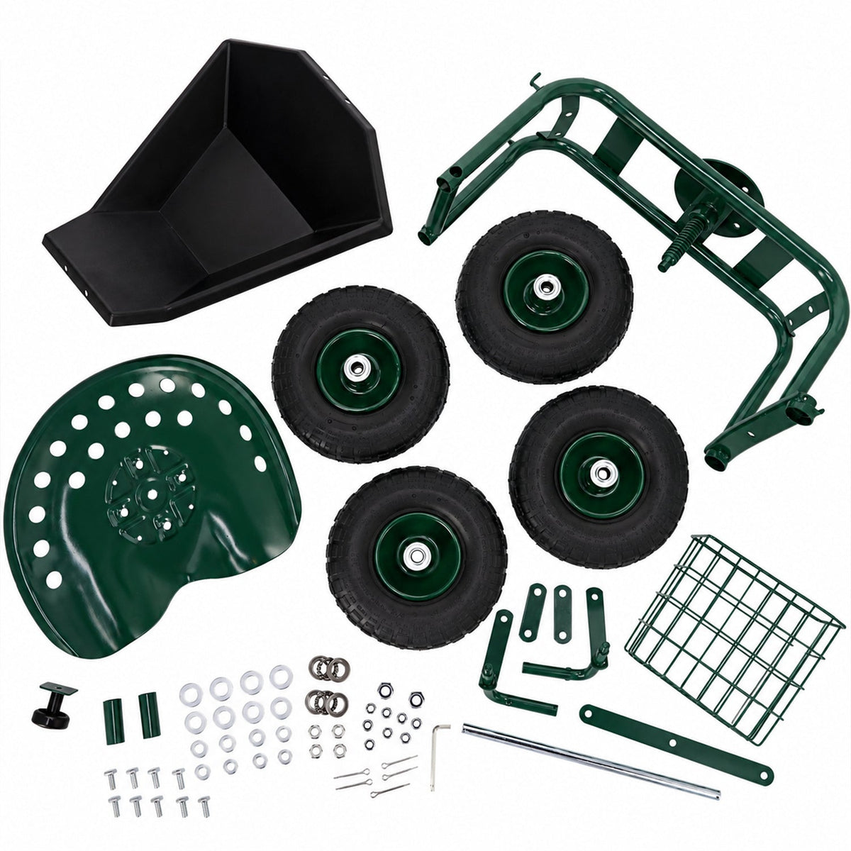 Carrello da giardino a rotelle e con sedile girevole 360°