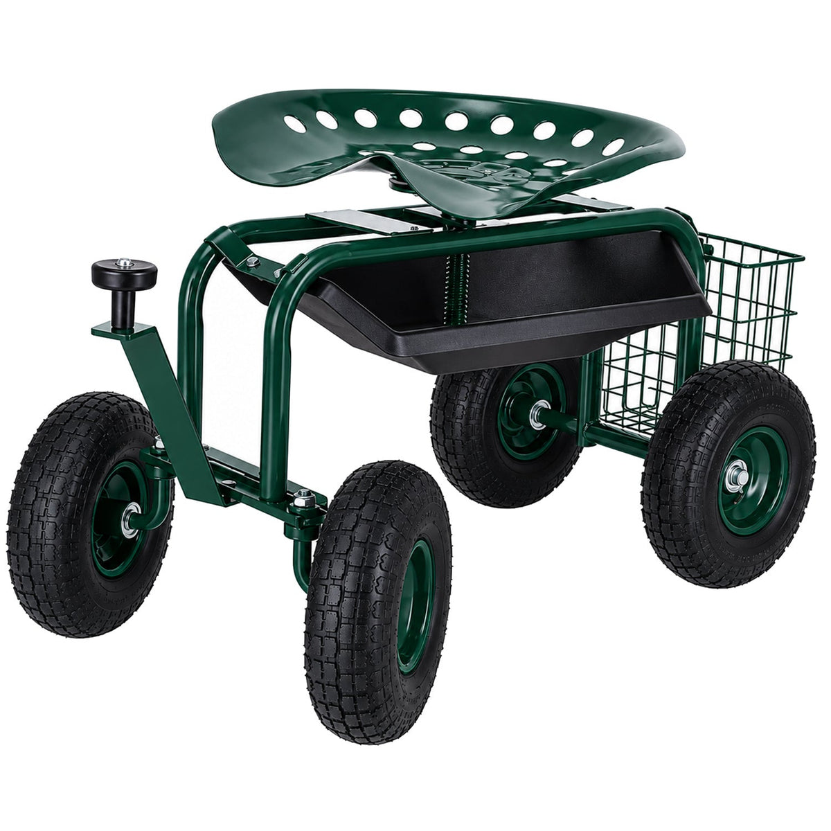 Carrello da giardino a rotelle e con sedile girevole 360°