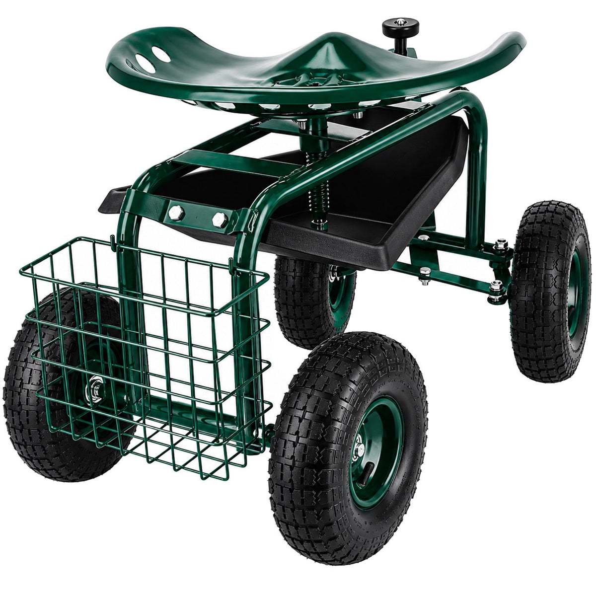 Carrello da giardino a rotelle e con sedile girevole 360°