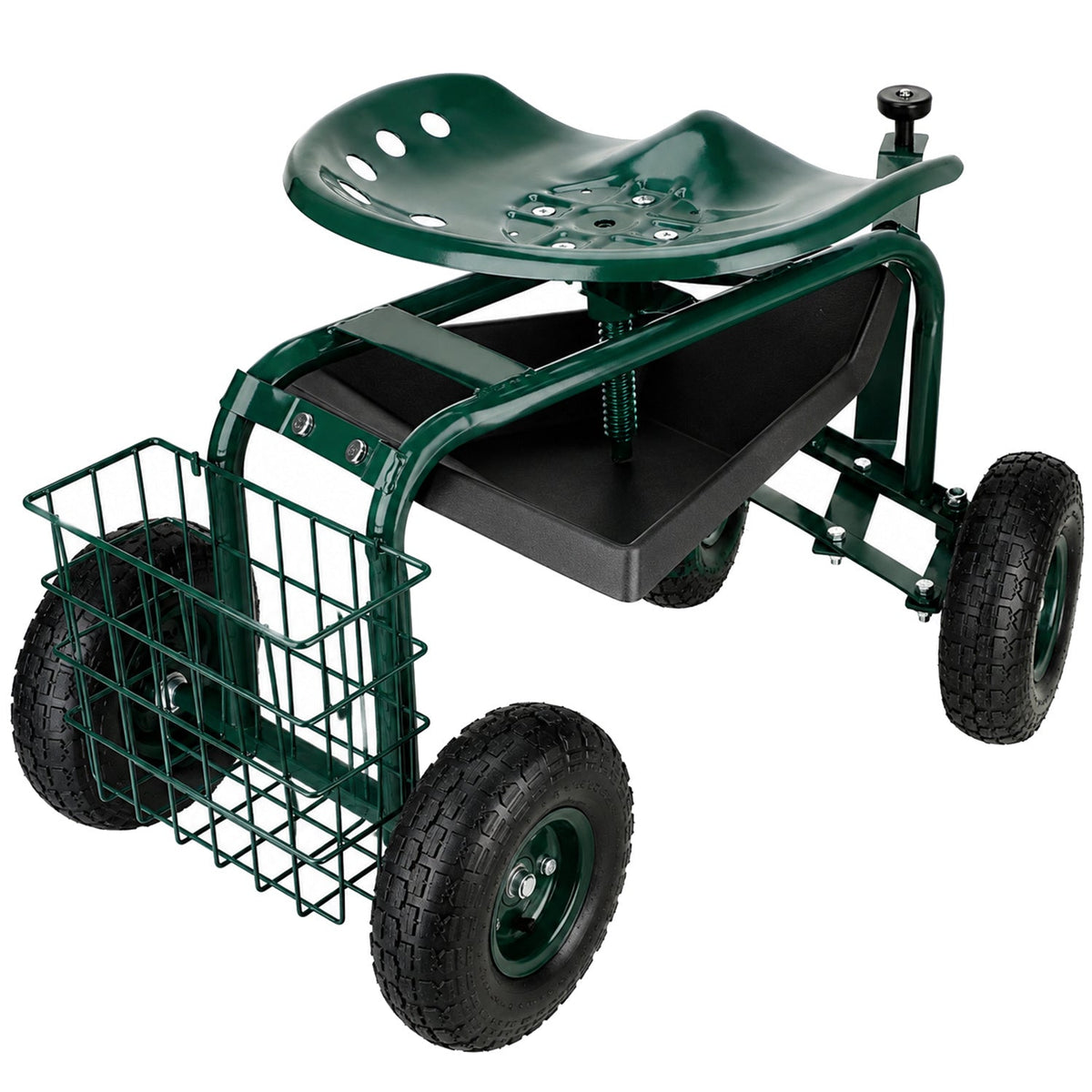 Carrello da giardino a rotelle e con sedile girevole 360°