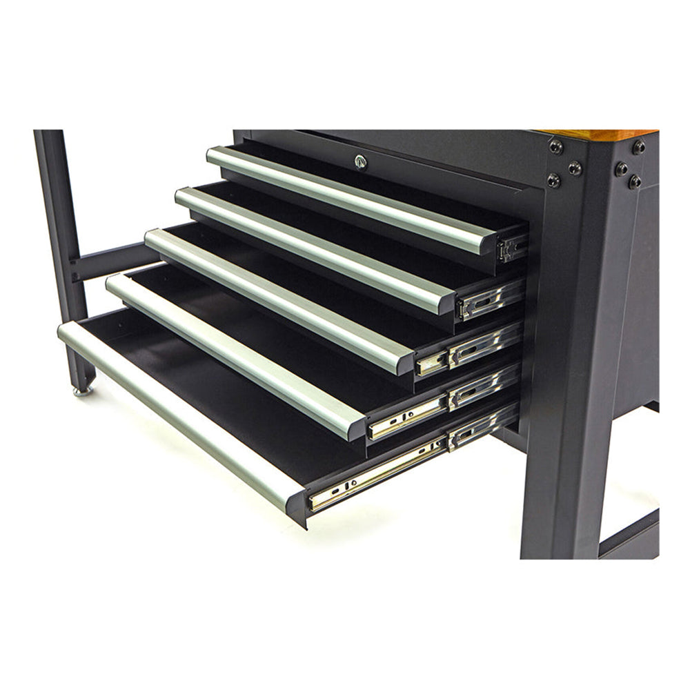 Banco da lavoro professionale con cassettiera-5 cassetti e piano in legno 155 cm