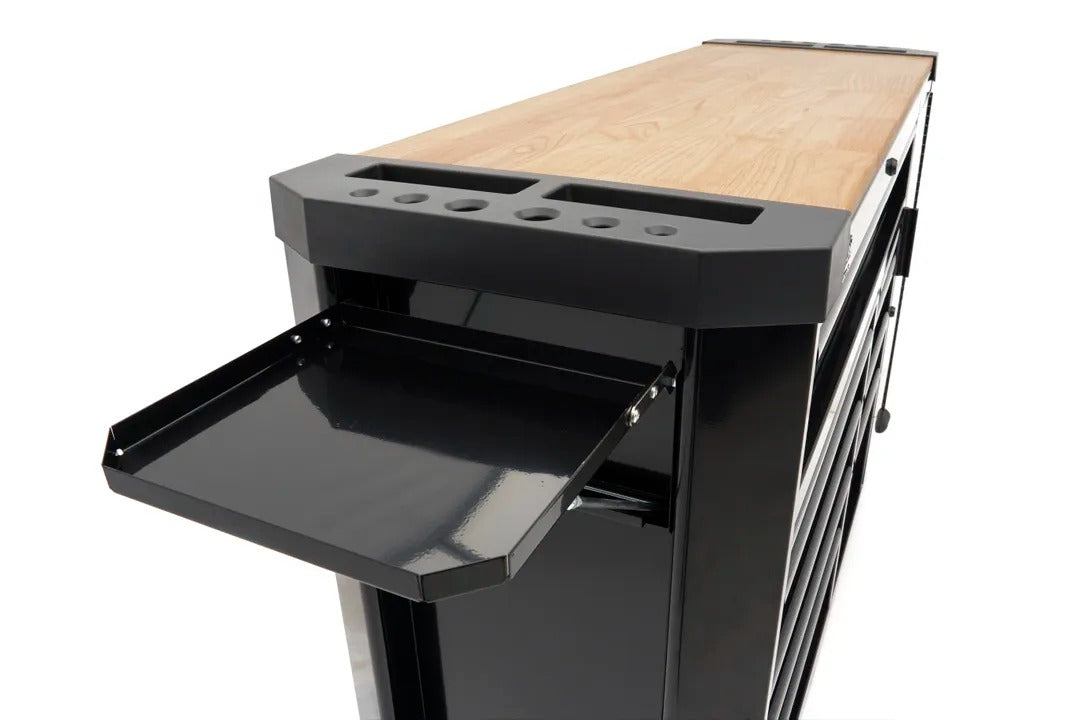 Carrello portautensili metallico professionale officina con 10 cassetti e ruote-mobile 147 cm con piano di lavoro in legno massiccio HBM Olanda