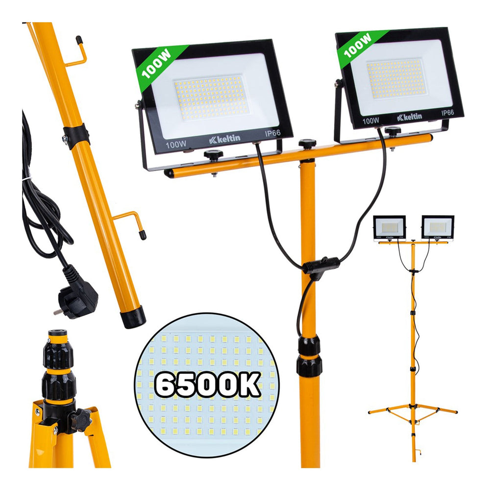 Faretto LED da cantiere 2 x 100w, 2x 10.000 lm , faro portatile IP65 impermeabile, 6500k per esterno, lavori, giardini e garage, cavalletto regolabile, proiettore