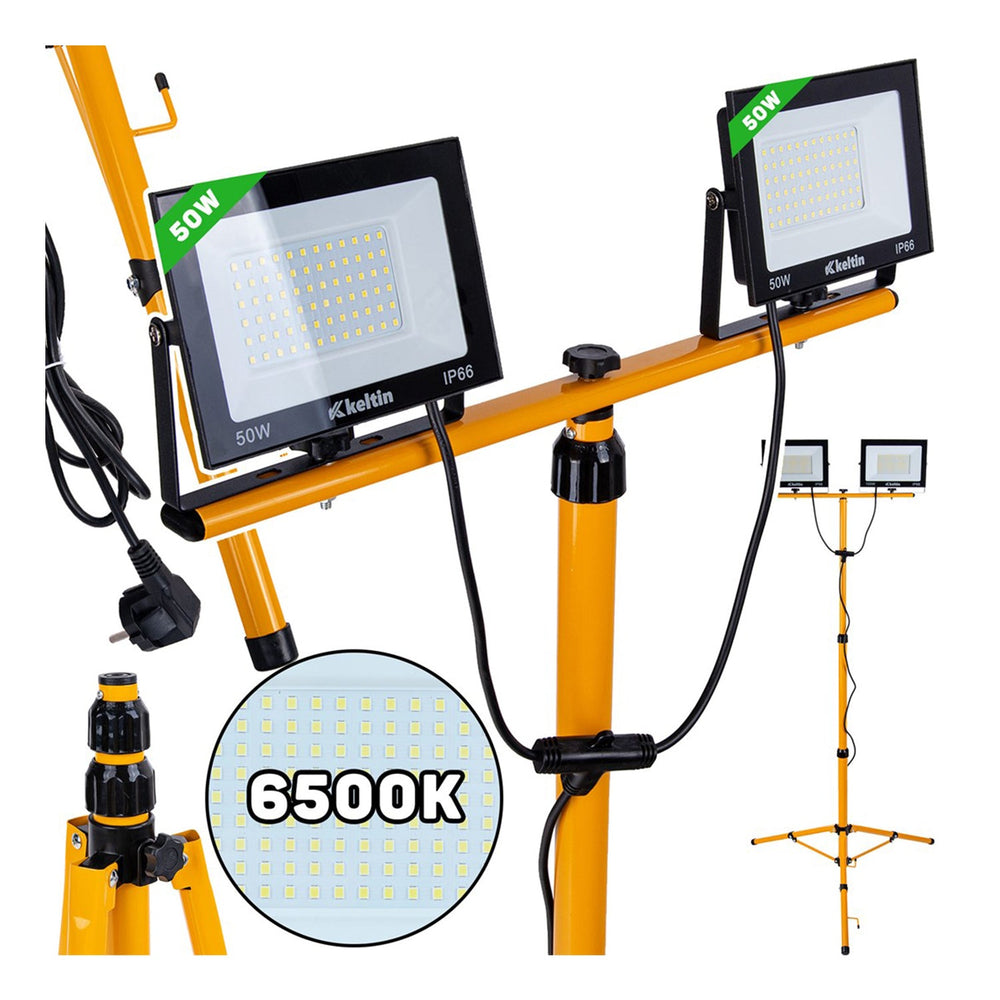 Faretto LED da cantiere 2 x 50w, faro portatile IP66 impermeabile, 6500k per esterno, lavori, giardini e garage, cavalletto regolabile, proiettore