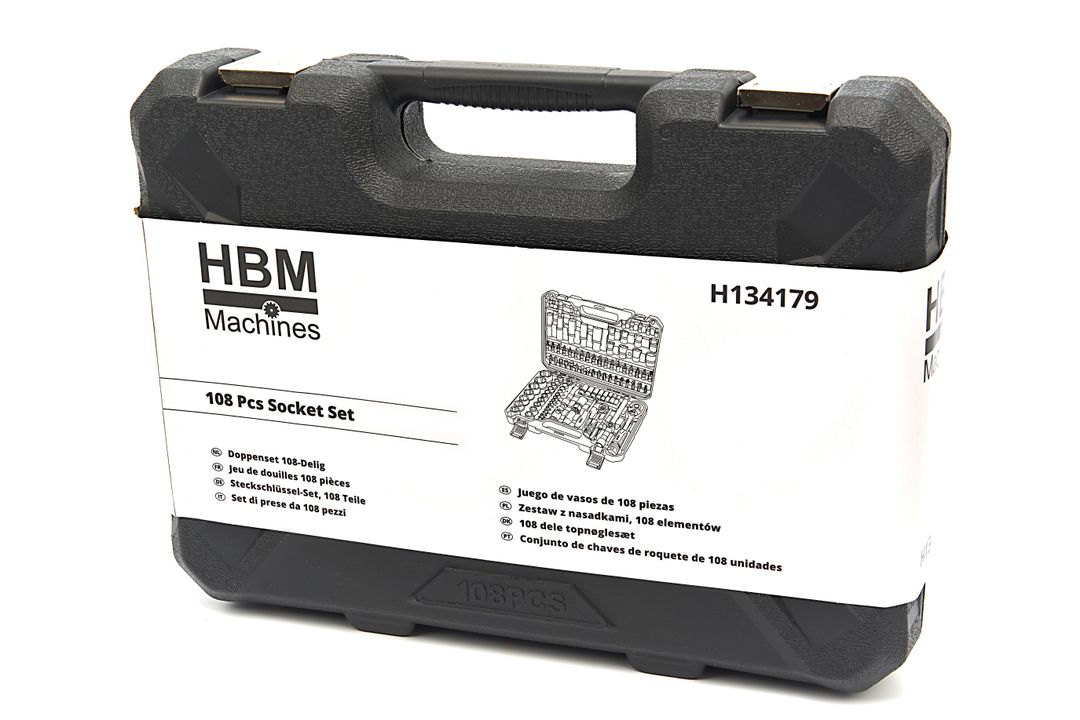 Valigetta utensili professionale 108 pezzi, serie di chiavi a bussola in acciaio al carbonio, torx cricchetti, prolunghe, kit attrezzi per auto, officina fai-da-te con attacchi 1/2" e 1/4", Hbm Machines