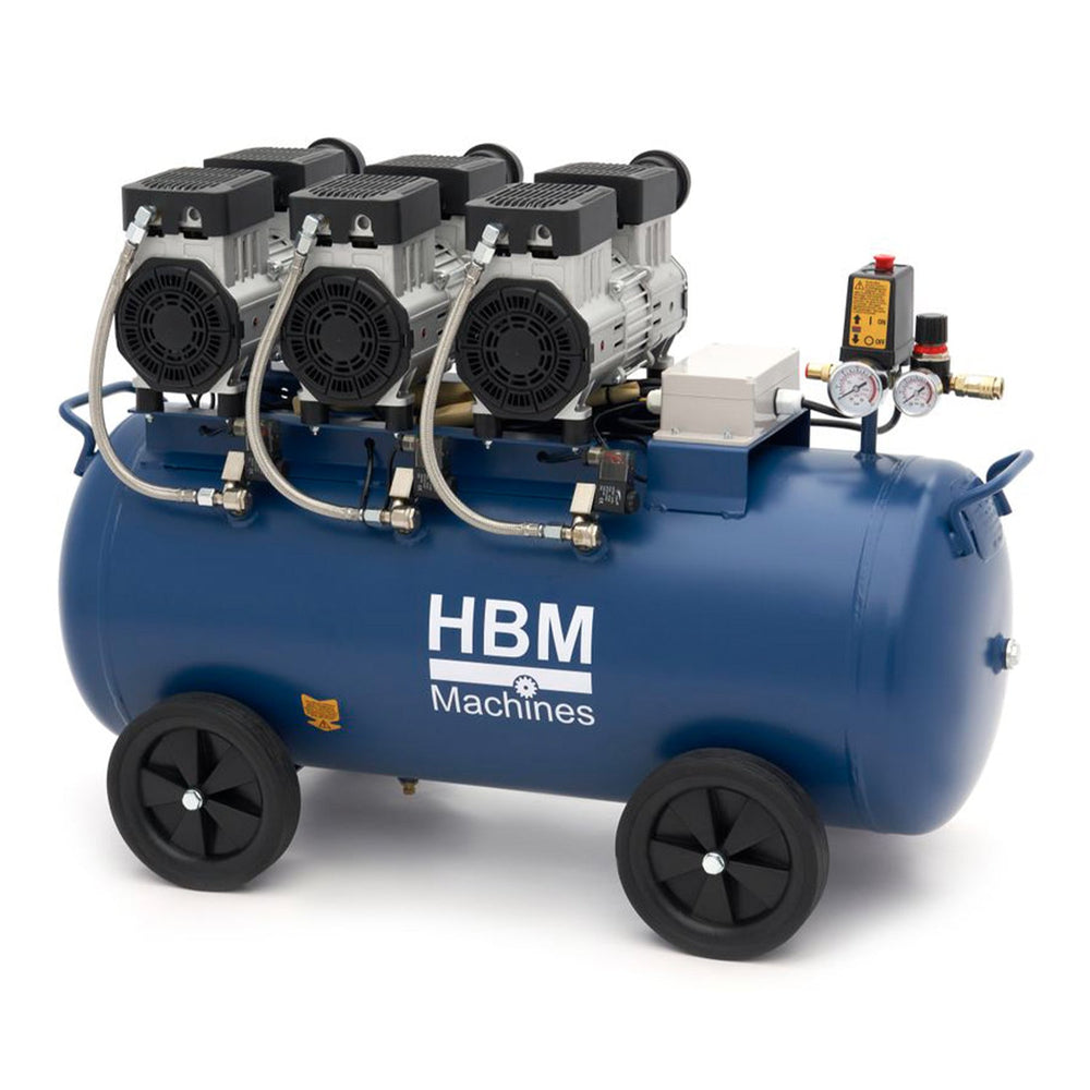Compressore aria silenziato con capacità del serbatoio di 90 litri ,senza olio,per utensili pneumatici, HBM Machines