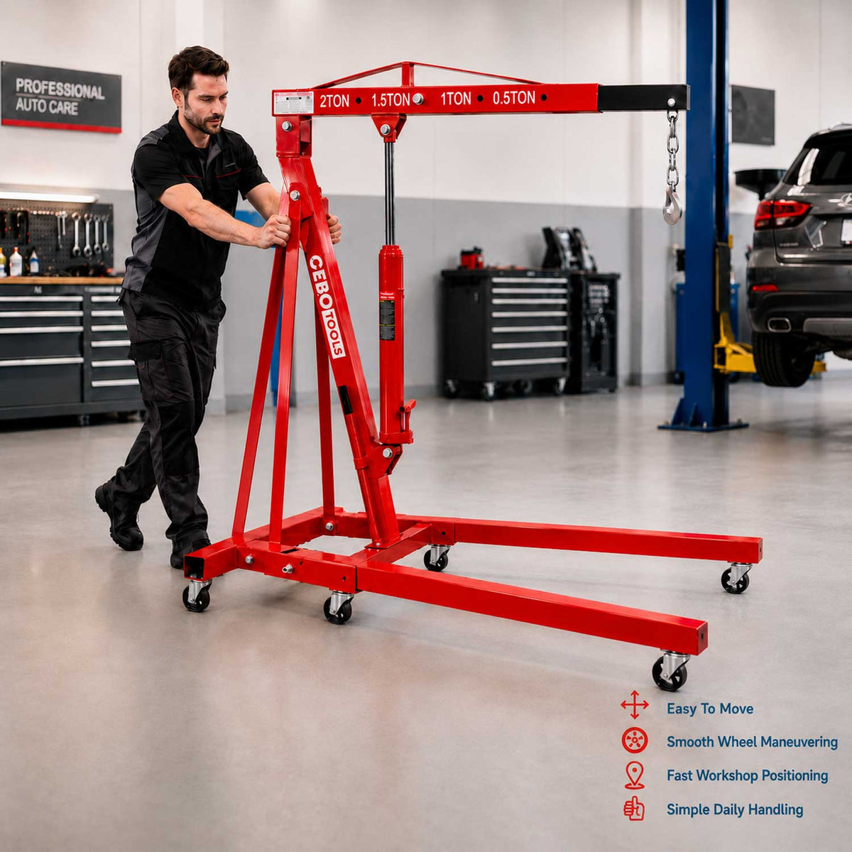 Gru idraulica pieghevole, 2 tonnellate, ideale per motori, maniglia pompa, gambe pieghevoli, paranco sollevatore cavalletto Gebo Tools