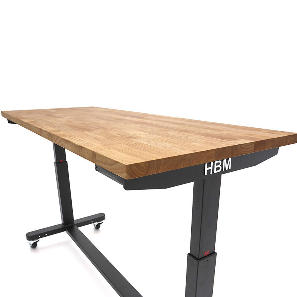 Banco da lavoro regolabile in altezza fino a 97 cm con piano in legno massiccio 152 cm per officina garage