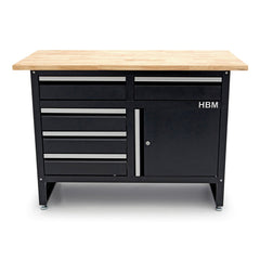Banco da lavoro metallico 120 cm con 5 cassetti, 1 anta e piano in legno massiccio HBM capacità di carico 250 kg nero