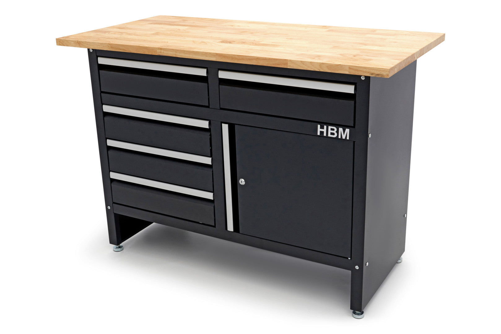 Banco da lavoro metallico 120 cm con 5 cassetti, 1 anta e piano in legno massiccio HBM capacità di carico 250 kg nero