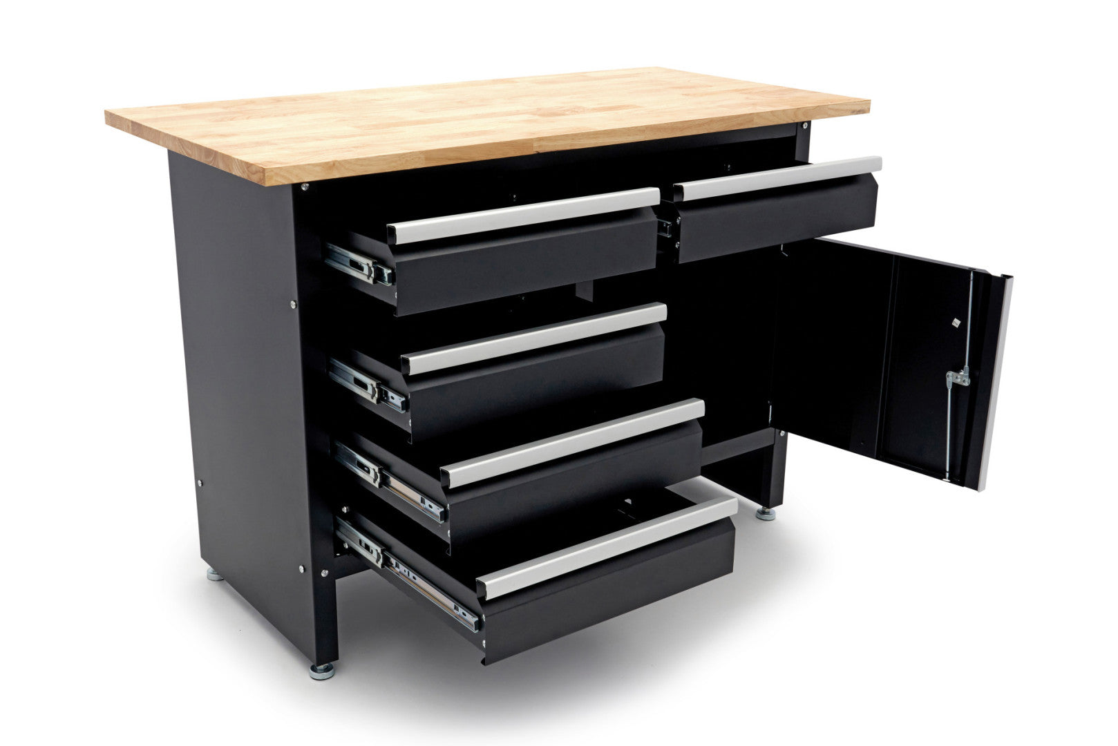 Banco da lavoro metallico 120 cm con 5 cassetti, 1 anta e piano in legno massiccio HBM capacità di carico 250 kg nero