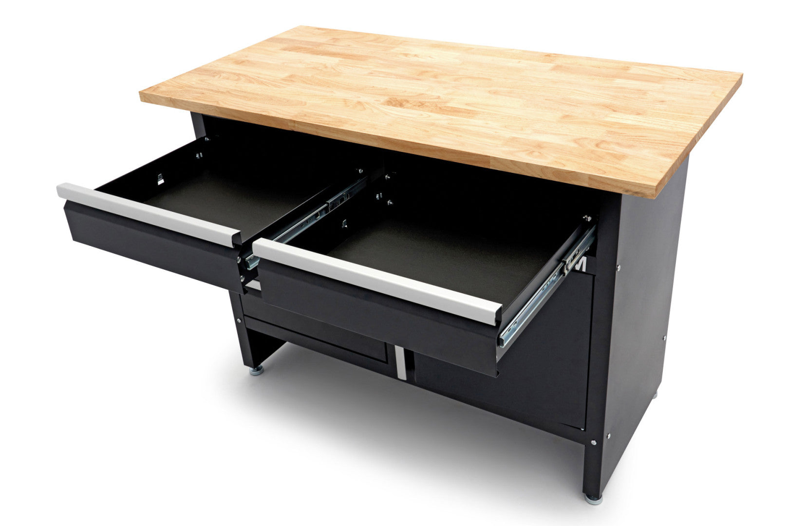 Banco da lavoro metallico 120 cm con 5 cassetti, 1 anta e piano in legno massiccio HBM capacità di carico 250 kg nero