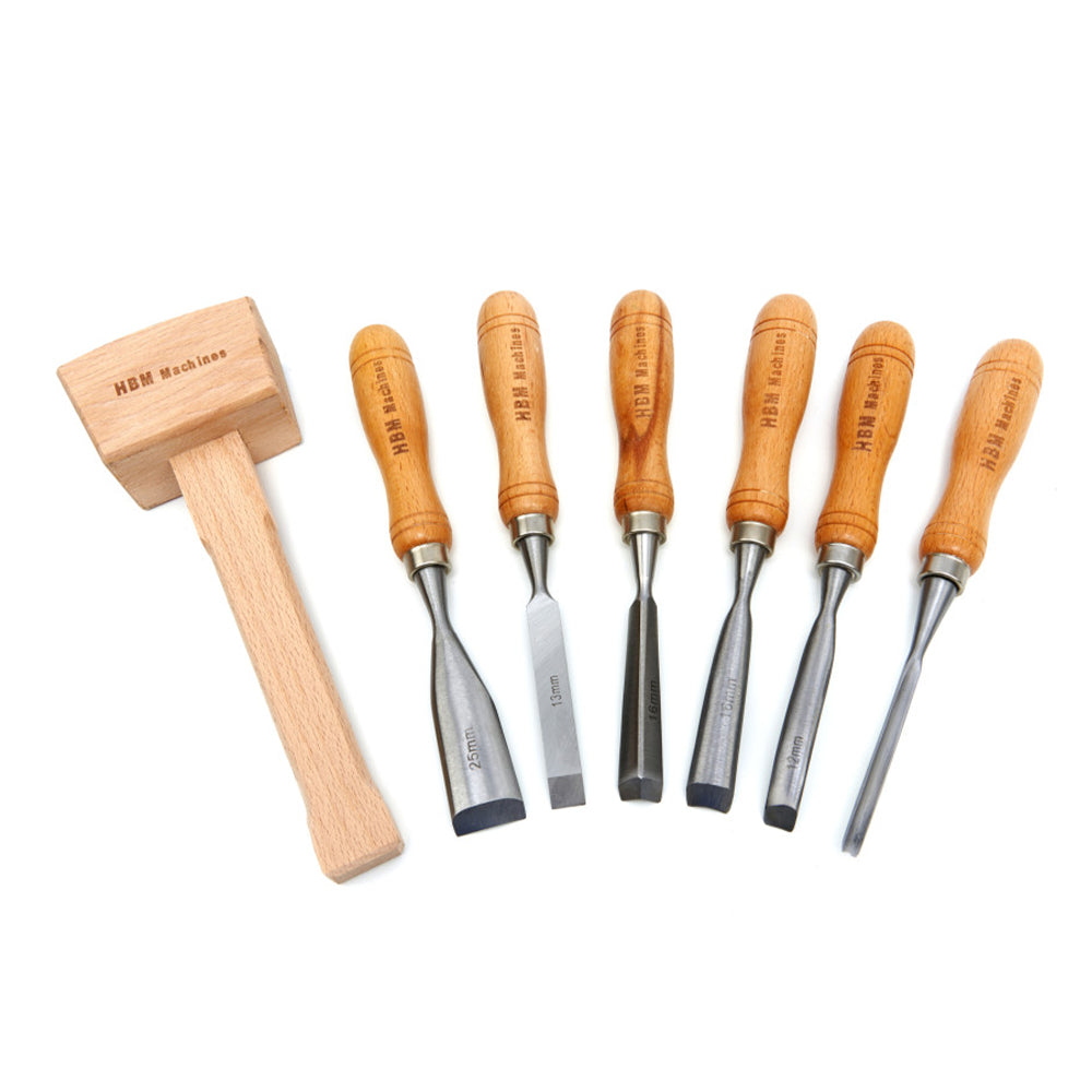Scalpelli per la lavorazione del legno, 7 unità, con manico in legno e martello, Hbm