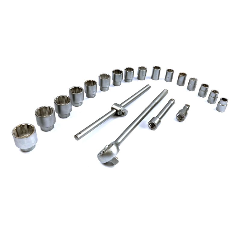 Set di bussole con cricchetto reversibile, poligonali, estensibile, 19–50 mm (3/4"), 20 pz., con prolunghe, Cr-V, Hbm Machines Olanda