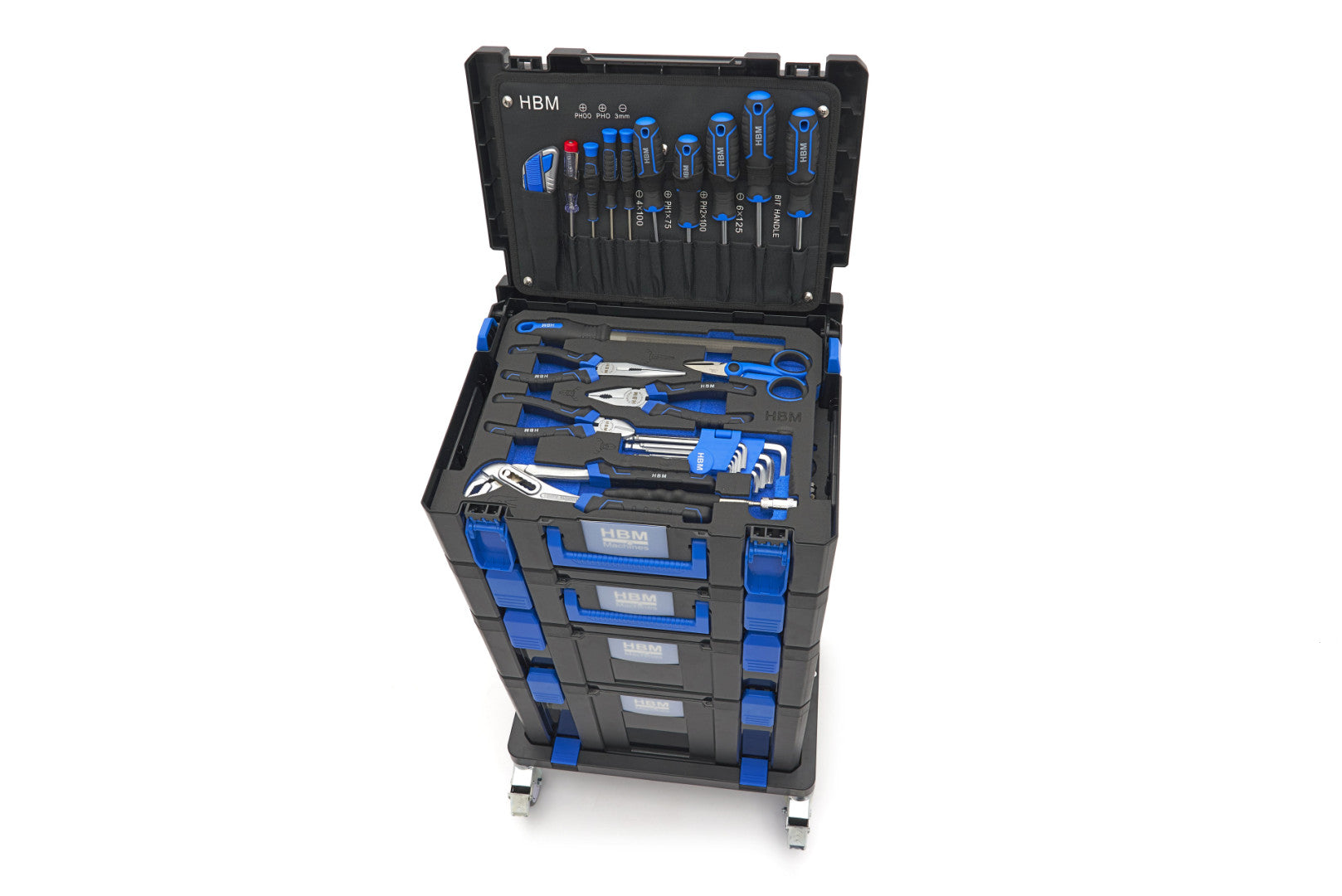 Carrello porta attrezzi / portautensili completo di utensili cassetti, 4 scomparti con ruote, 105 pezzi, valigette complete con utensili per fai da te, cassetta degli attrezzi con ruote, valigetta attrezzi, Hbm