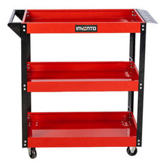 Carrello portautensili officina a 3 ripiani in acciaio, portata 140 kg, con maniglia, porta cacciaviti e ruote  – rosso/nero, carrelli da officina portautensili, Invento