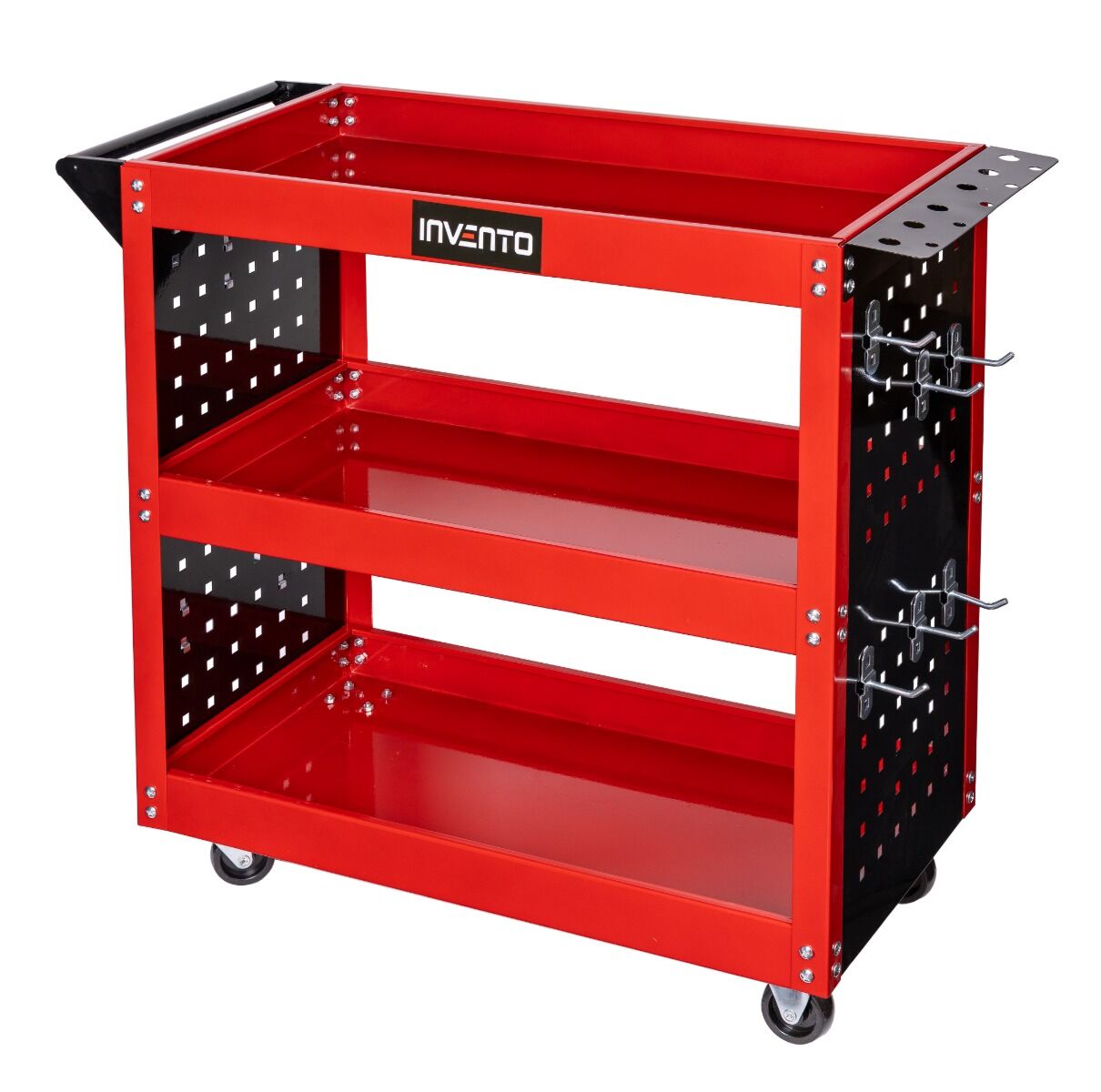 Carrello da officina a 3 ripiani, con pannelli forati, ganci laterali e supporto cacciaviti, ruote autobloccanti Invento