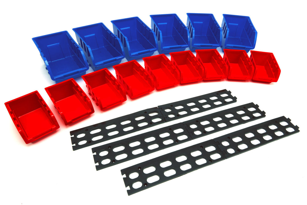 Kit-set 15 contenitori di stoccaggio con pannelli a parete, scatole impilabili, per foratura, scaffalatura degli attrezzi, Hbm Machines Olanda