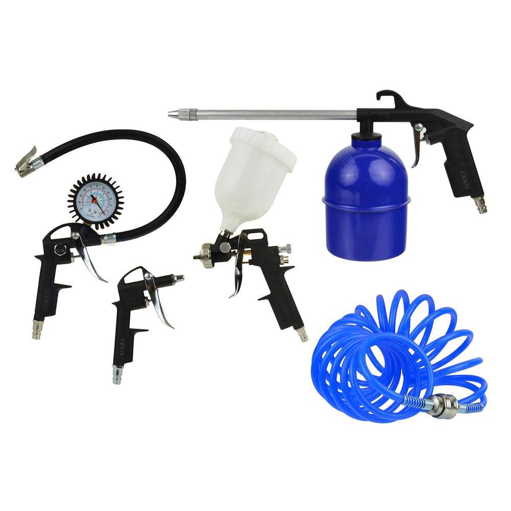 Kit-set accessori per compressore, inclusi gonfiagomme con manometro, pistola di soffiaggio, a spruzzo per vernice, tubo a spirale, 5 pezzi Geko