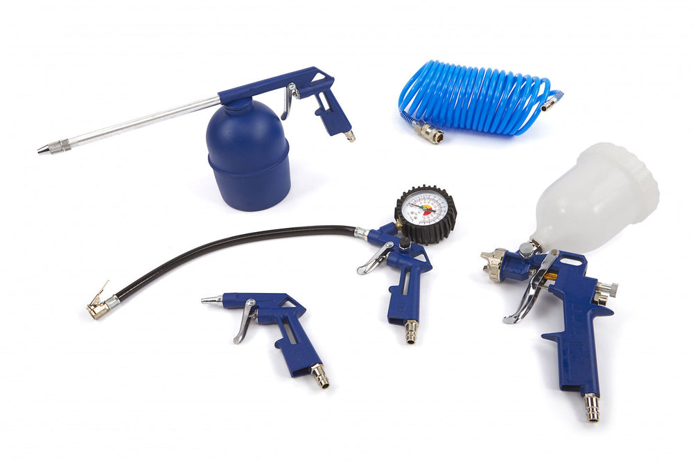 Kit-set accessori per compressore, inclusi gonfiagomme con manometro, pistola di soffiaggio, a spruzzo per vernice, tubo a spirale, 5 pezzi Hbm