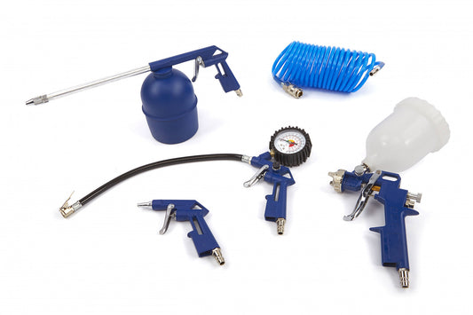 Kit-set accessori per compressore, inclusi gonfiagomme con manometro, pistola di soffiaggio, a spruzzo per vernice, tubo a spirale, 5 pezzi Hbm