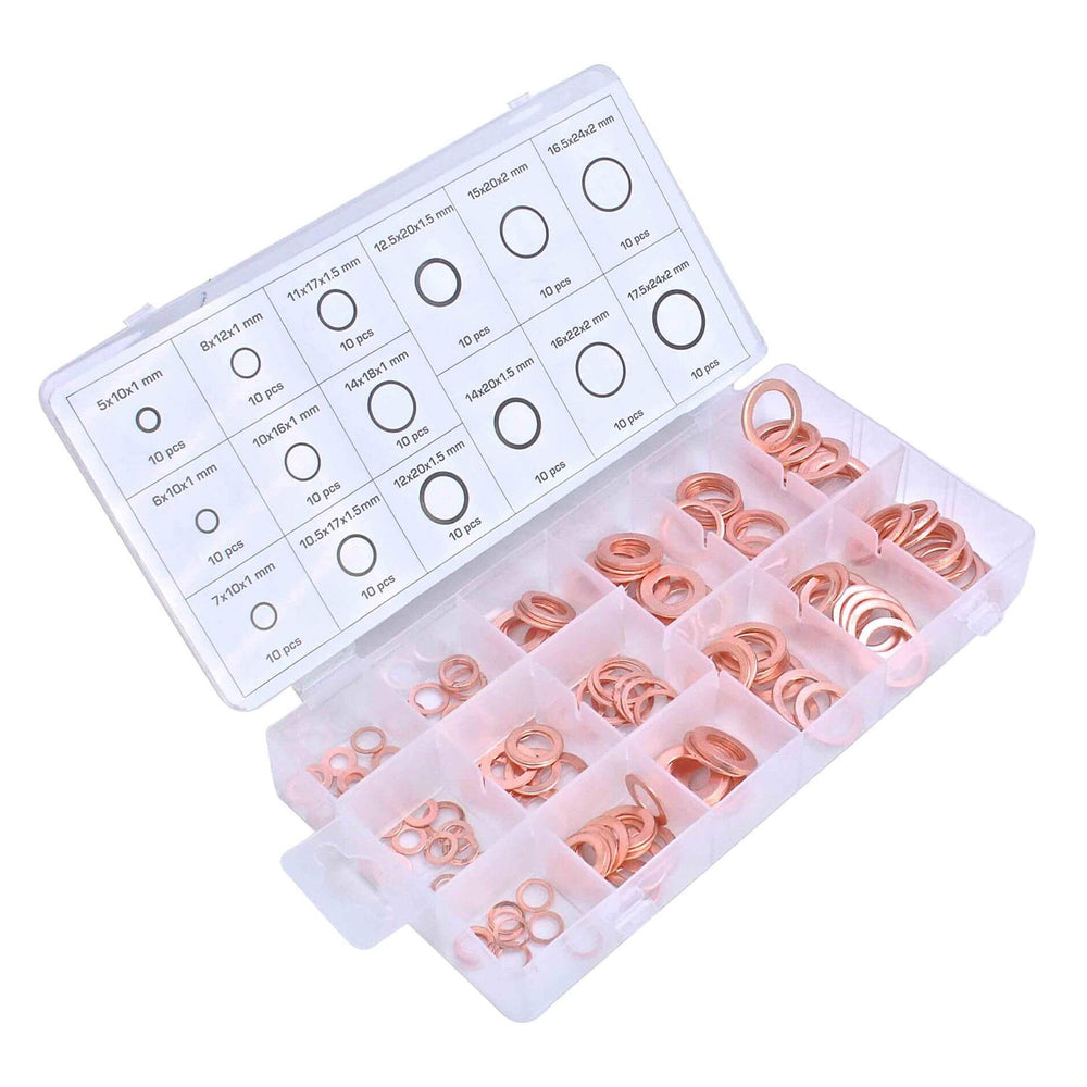 Kit-set assortimento rondelle in rame, guarnizione per il fissaggio degli accessori, 150 pezzi