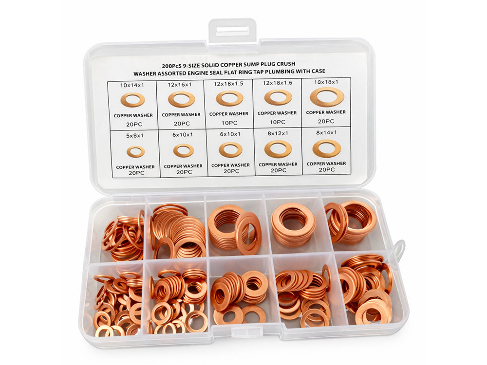 Kit-set assortimento rondelle in rame, guarnizione per il fissaggio degli accessori, 200 pezzi Gebo Tools