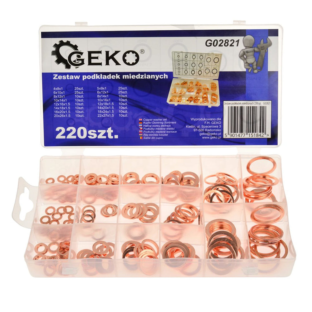 Kit-set assortimento rondelle in rame, guarnizione per il fissaggio degli accessori, 220 pezzi Geko