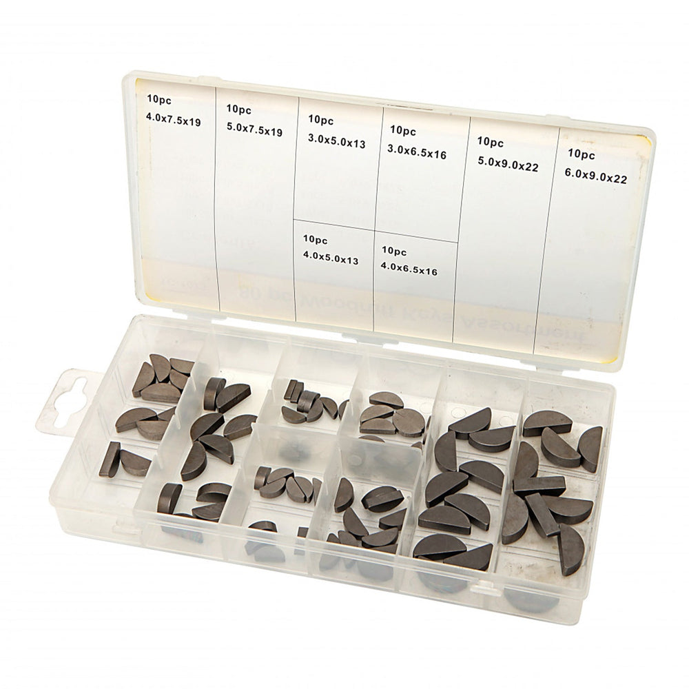 Kit-set chiavi Woodruff semicircolari, assortimento di varie dimensioni con scatola di immagazzinaggio, 8 tipi a manovella per puleggia a mezza luna 80 pezzi