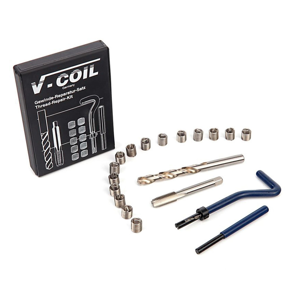 Kit-set di riparazione per filettature a passo fine, con misure in formato metrico, filettatura elicoidale, M6 x 1.0 - V-COIL, con punte e maschi HSS