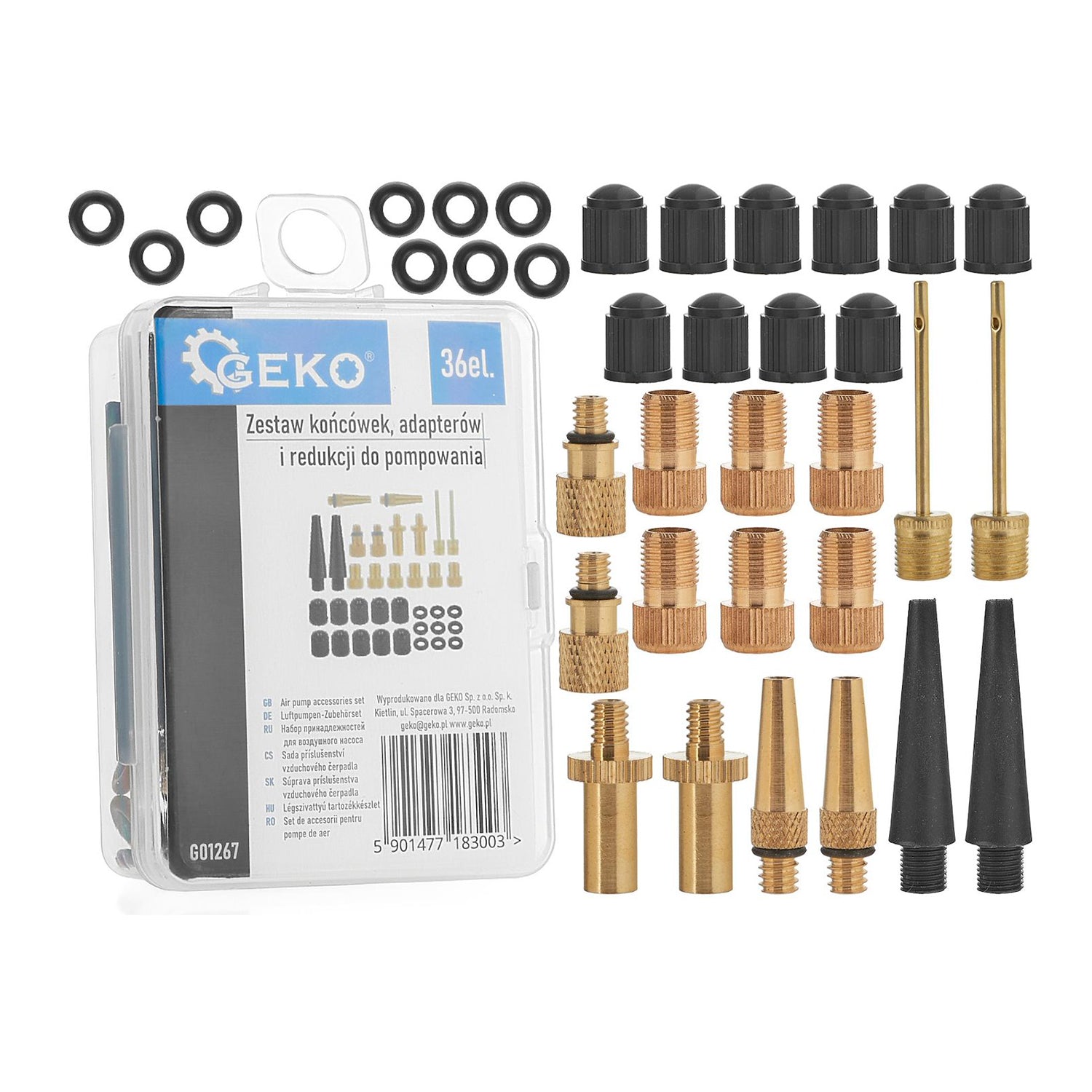Kit-set gonfiaggio palloni biciclette, accessori per gonfiare pneumatici, adattatore per valvola, 36 pezzi Geko
