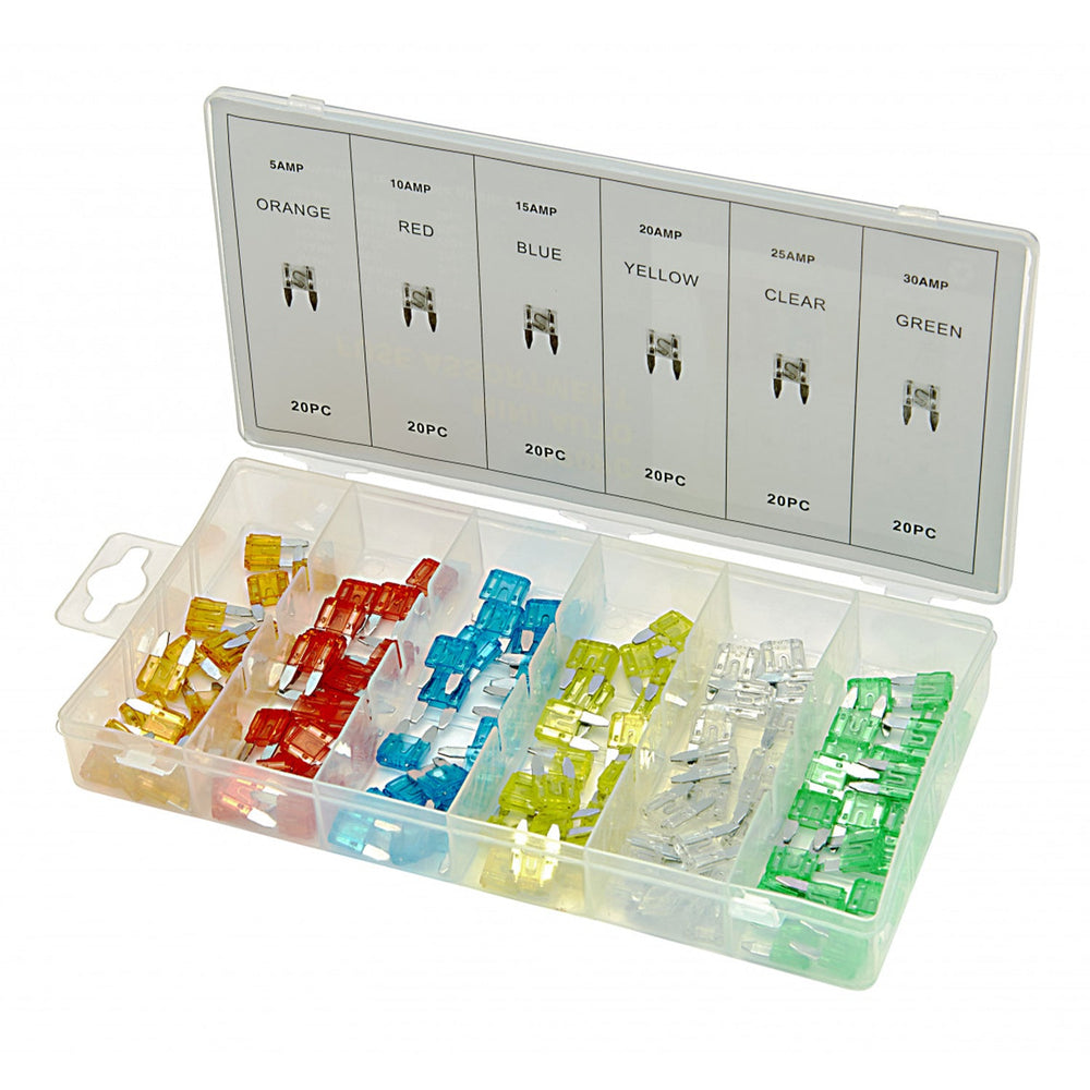 Kit-set mini fusibili di ricambio per auto, assortimento multicolor a lama per veicoli RV SUV, moto, camion, barche, 5-30 A, 120 pezzi