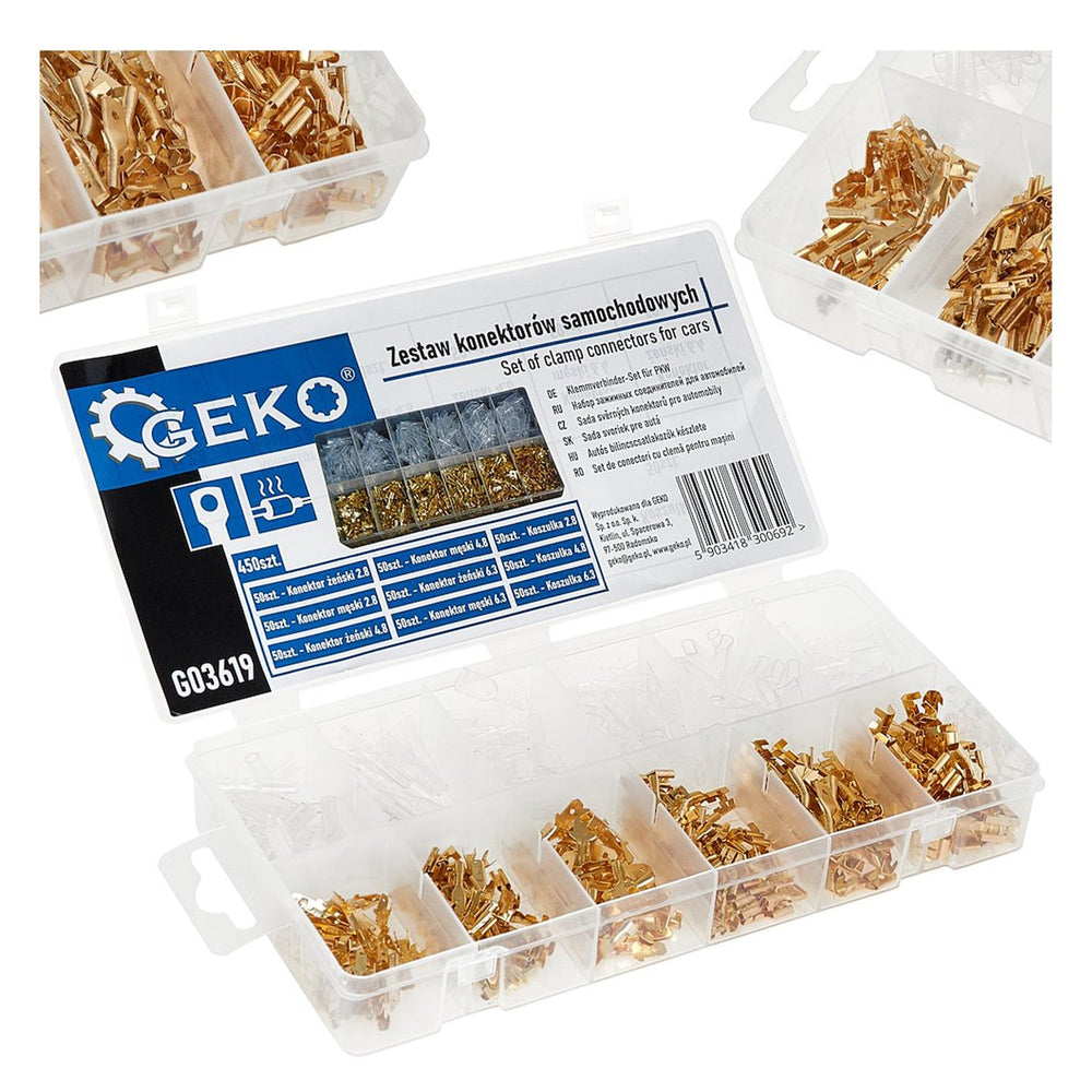 Kit-set puntalini, capicorda isolanti, con scatola, per il collegamento dei cavi, assortimento isolati ,capicorda a crimpare, anello capocorda elettrico terminale connettori elettrici, color oro,2.8-6.3 mm 450 pezzi Geko