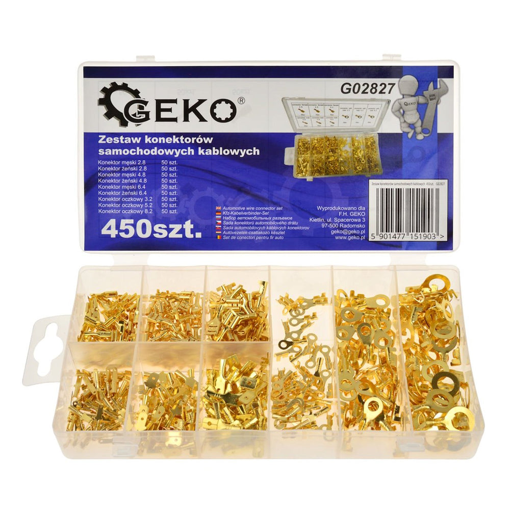 Kit-set puntalini, capicorda isolanti, con scatola, per il collegamento dei cavi, assortimento isolati ,capicorda a crimpare, anello capocorda elettrico terminale connettori elettrici, color oro,2.8-8.2 mm 450 pezzi Geko