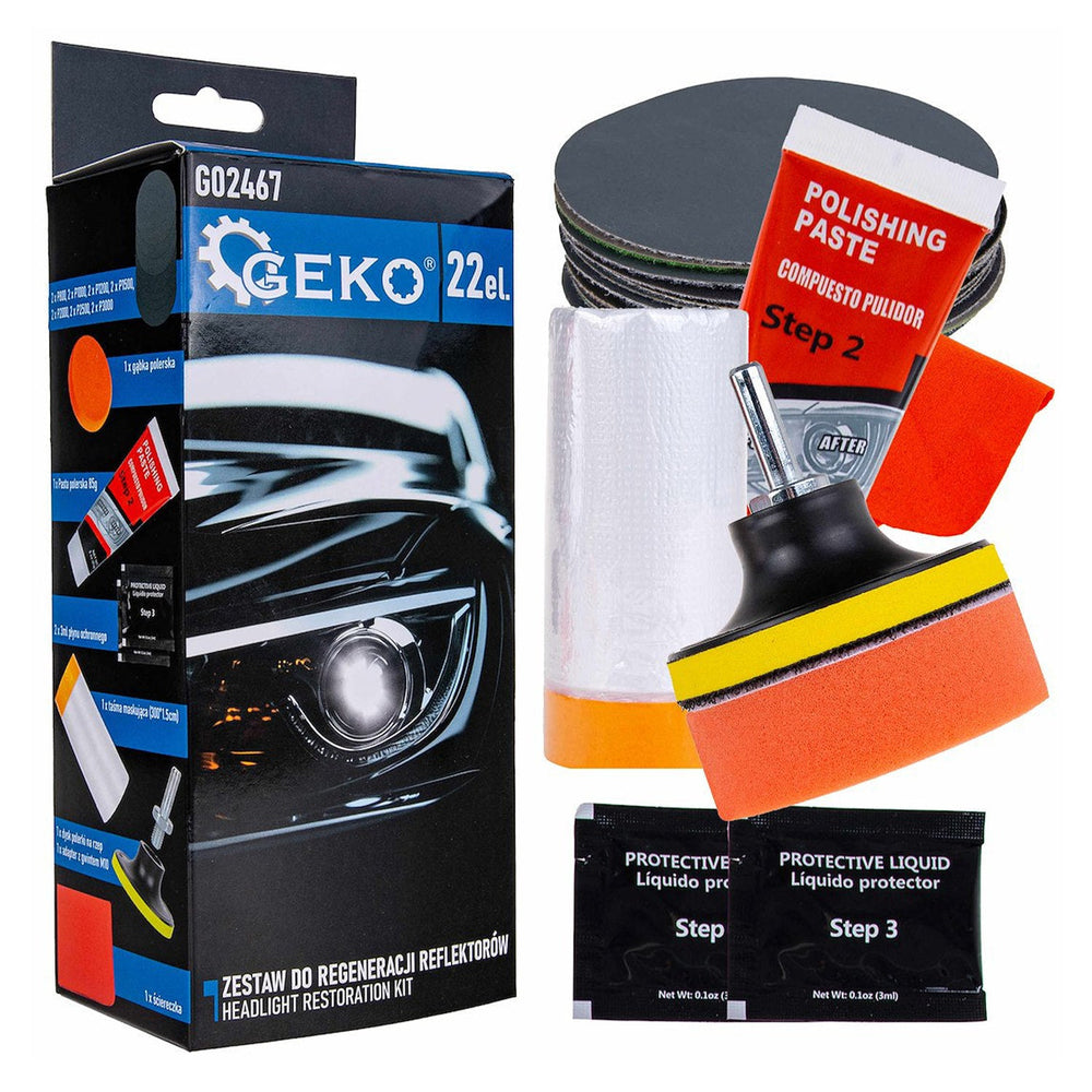 Kit-set restauro fari auto– lucidatura, levigatura, protezione UV, rinnovo plastica Geko
