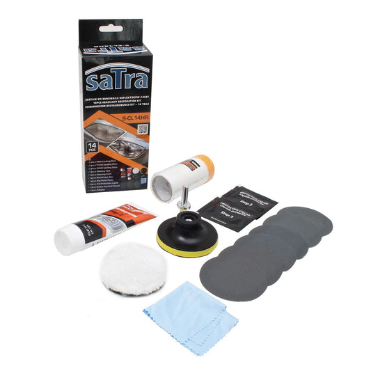 Kit-set restauro fari ultra, con dischi abrasivi, pasta lucidante, vernice protettiva UV, 14 pezzi