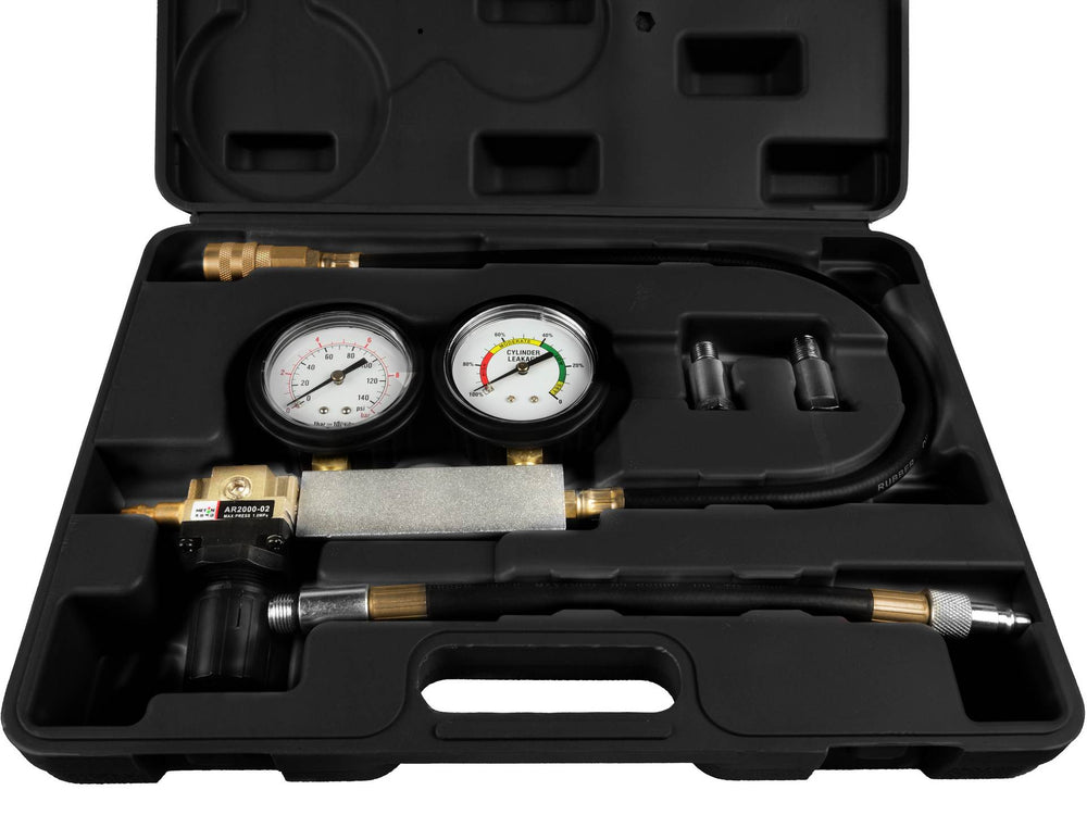 Kit-set test di perdite nei cilindri, include tester di compressione del motore con doppio manometro per controllo pressione e tasso di perdita