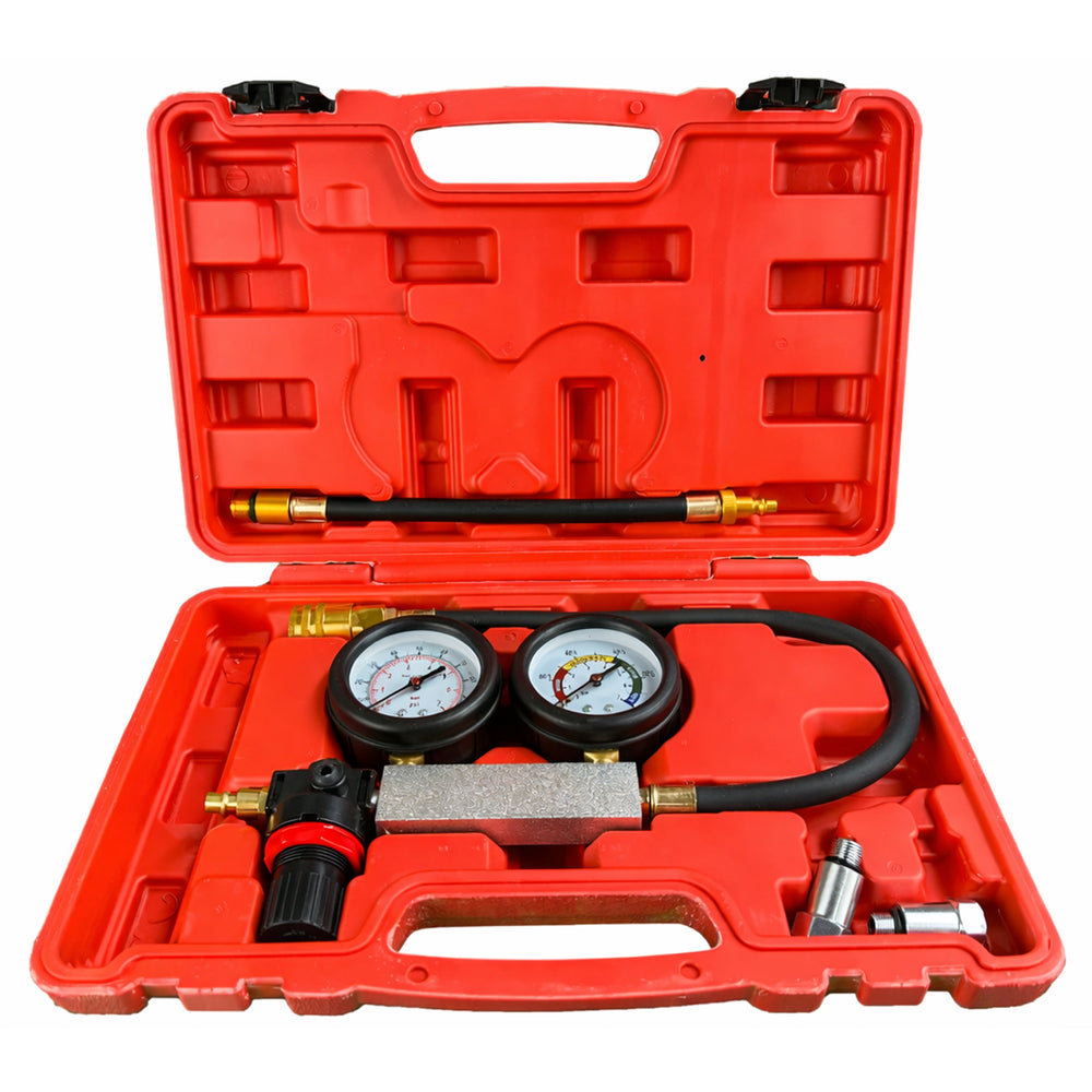 Kit-set test di perdite nei cilindri, include tester di compressione del motore con doppio manometro per controllo pressione e tasso di perdita Gebo Tools