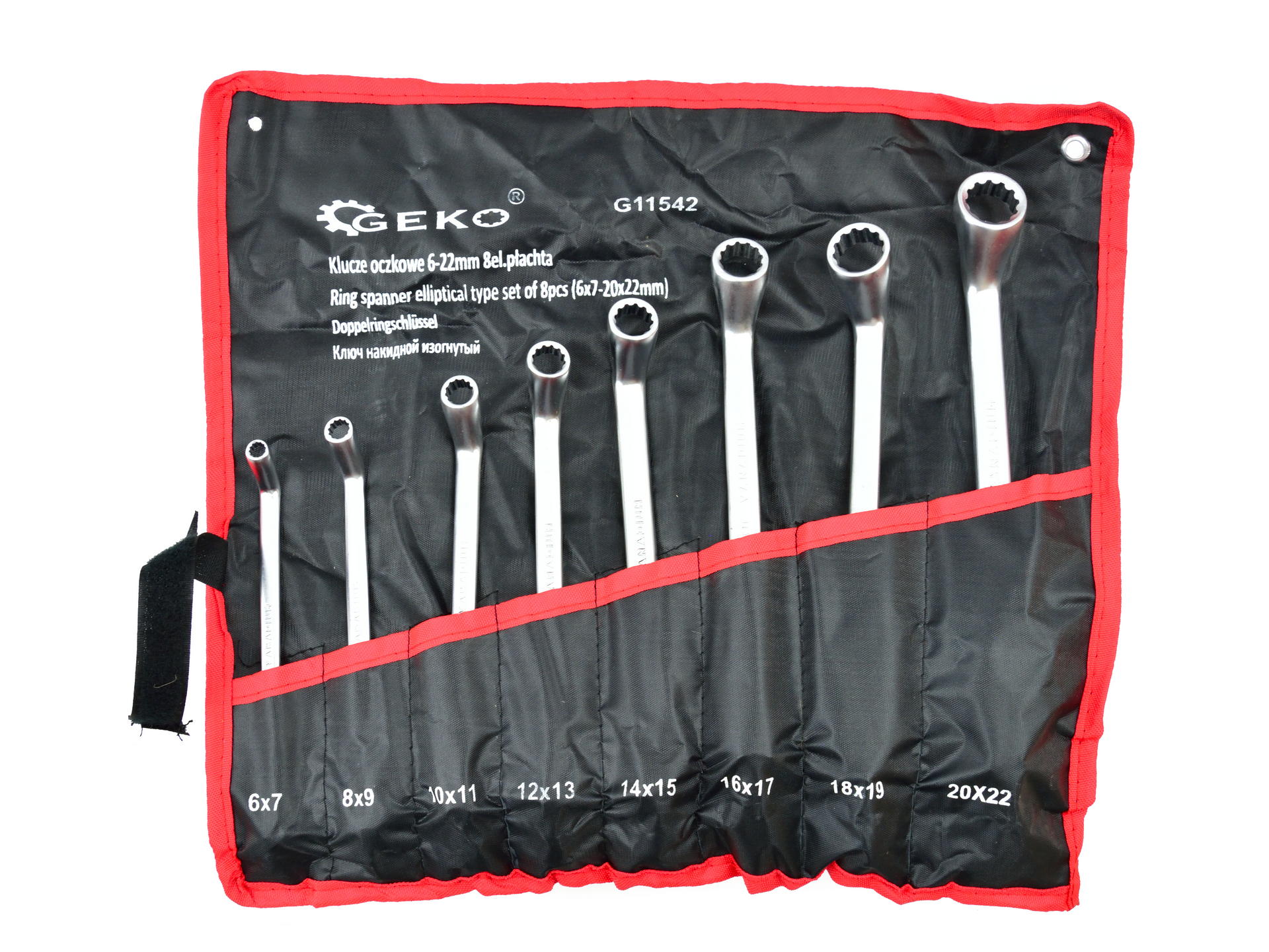 Set chiavi a doppio anello, gomito, incl. custodia arrotolabile, in acciaio Cr-V, 8 pezzi 6-22mm, Topmaster