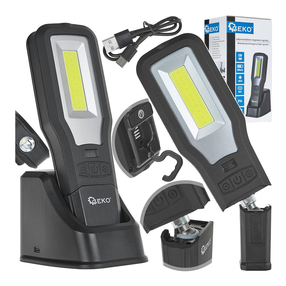Lampada da lavoro COB LED 10W+5W, ricaricabile tramite USB, multifunzione con gancio per appendere e supporti magnetici, 2000mah 550 lm IP54