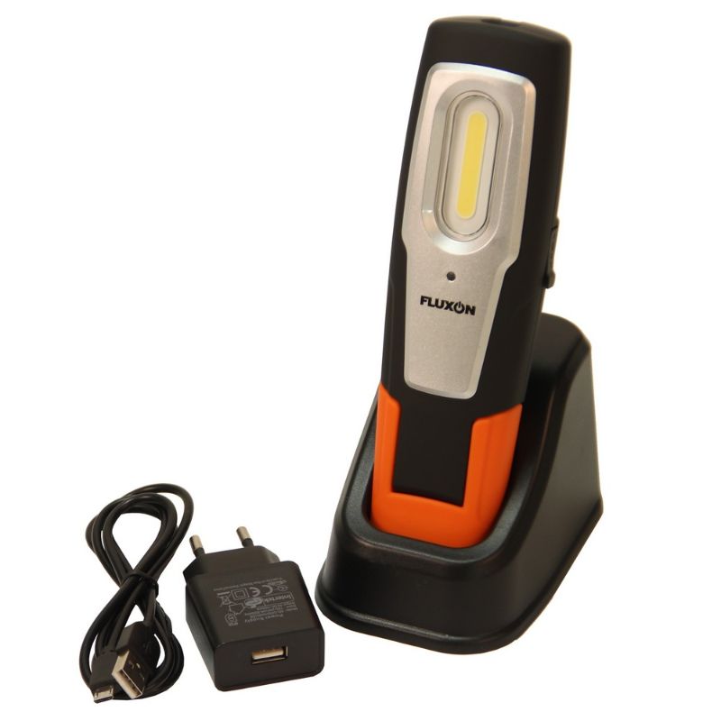Lampada da lavoro COB LED 2W, ricaricabile tramite USB incluso, multifunzione con gancio per appendere e supporti magnetici, Fluxon Olanda professionale