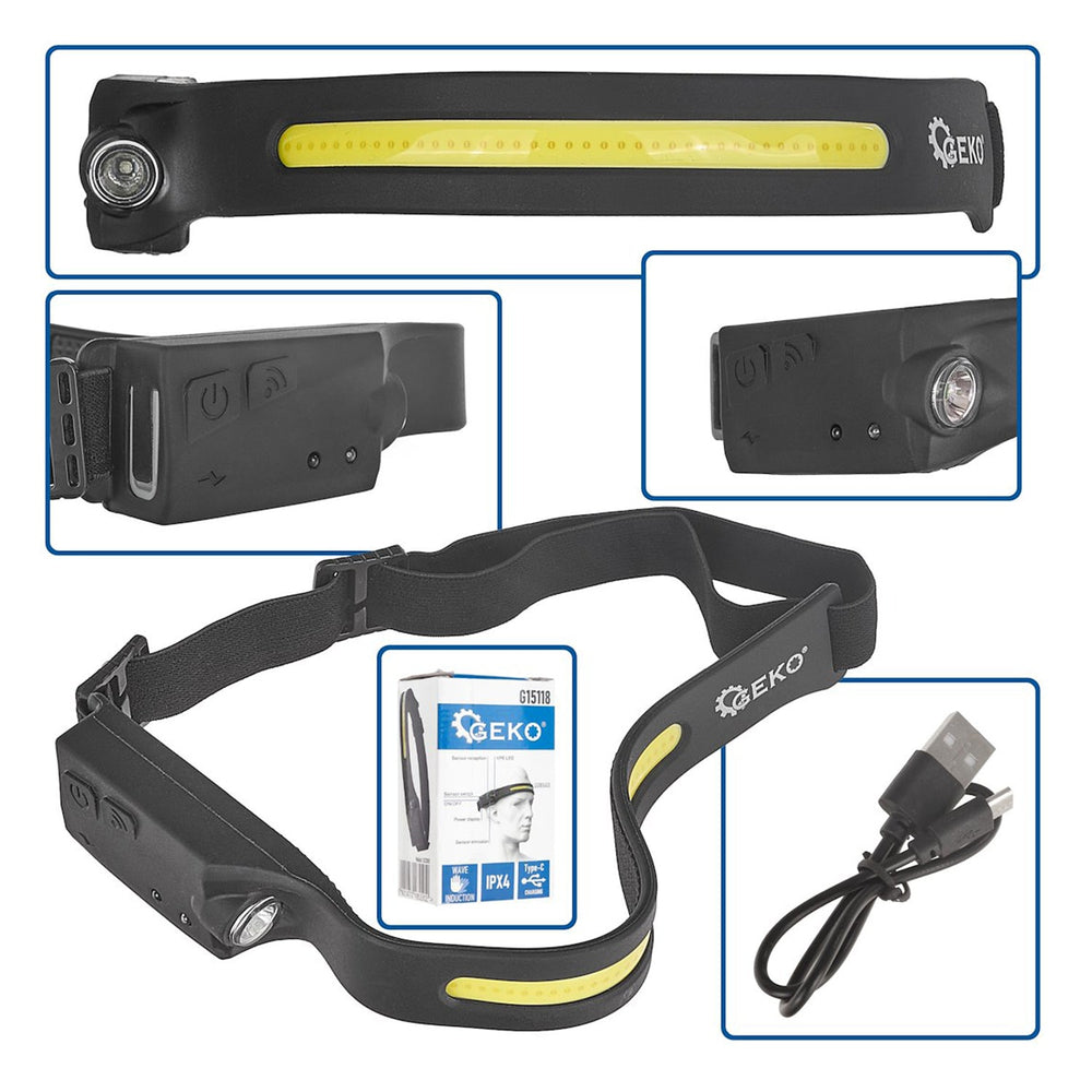 Lampada frontale a LED COB 3w, impermeabile, a batteria interna, con sensore di movimento, torcia a striscia Geko